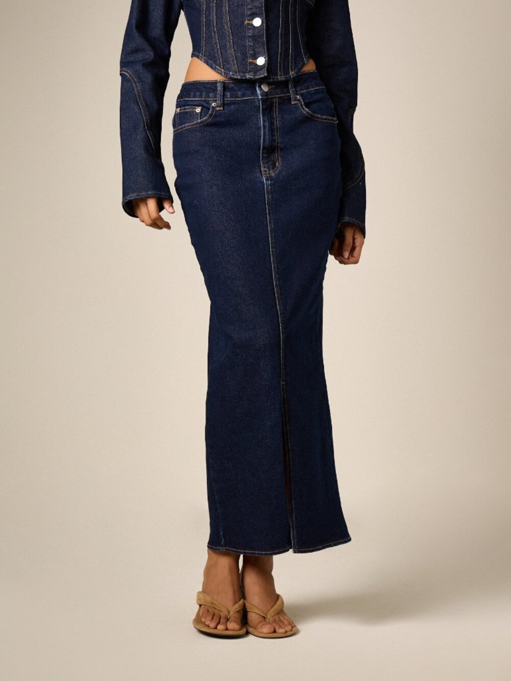 Blue Casual Women's High Waisted Denim Pencil Skirt With Front Split